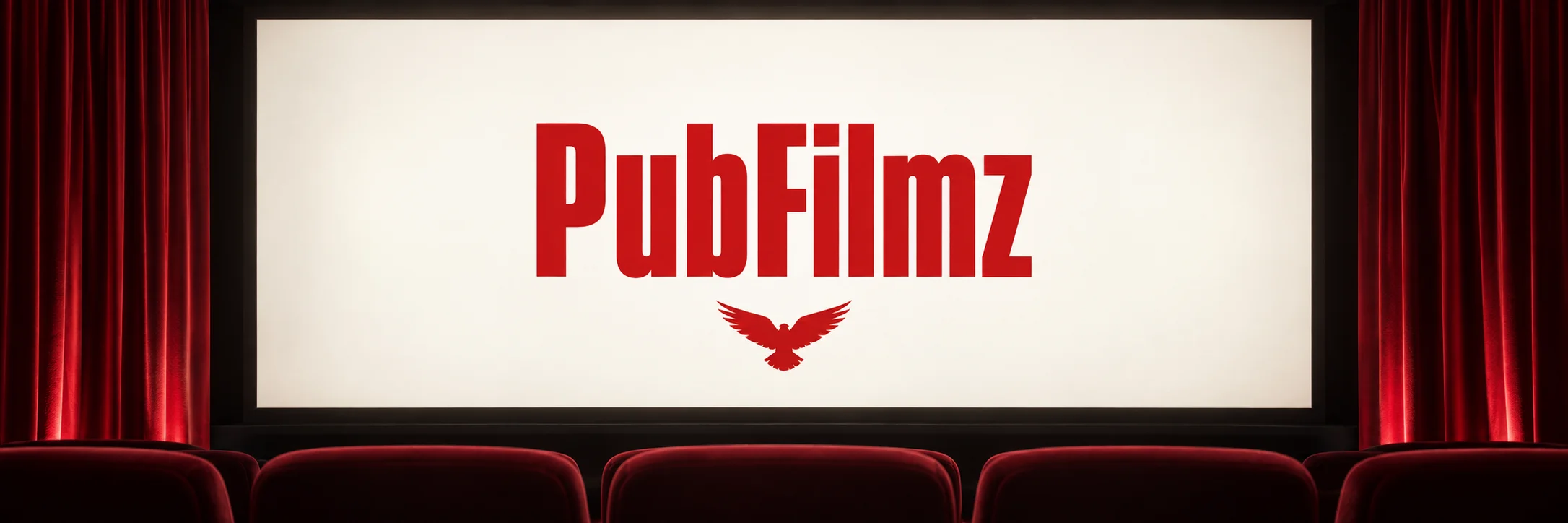 PubFilmz in red on a cinema screen, framed by red velvet curtains